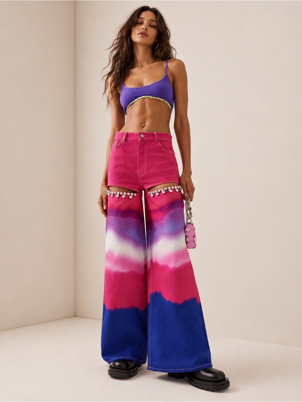 AREA Wide Leg Crystal Slit Ombre Jeans Pink Multi Size 26 NWT